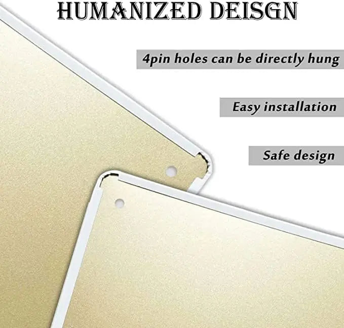 A close-up view of a rectangular metal wall art sign with a light gold finish, showing 4 pin holes for hanging.