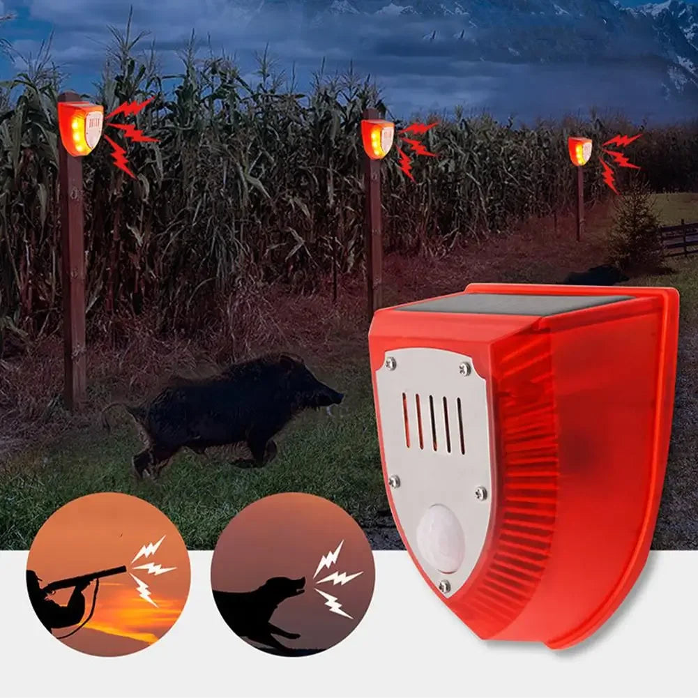 An orange solar-powered motion sensor alarm with a flashing siren is shown outdoors near cornfield plants.