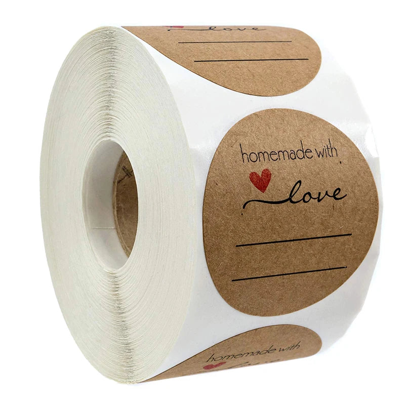 Roll of kraft paper thank you stickers with handwritten love messages for small business packaging
