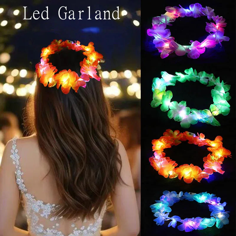 A woman wearing a glowing LED flower crown headband with colorful lights.