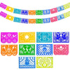 A colorful papel picado bunting set featuring various Mexican folk art patterns and colors.