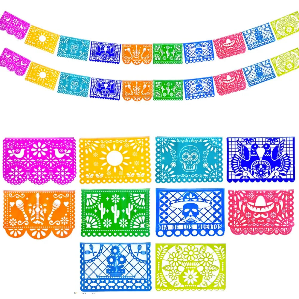 A colorful papel picado bunting set featuring various Mexican folk art patterns and colors.