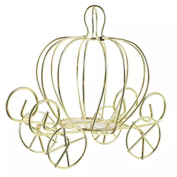 A golden pumpkin carriage candy box for weddings and parties with a decorative wire frame.