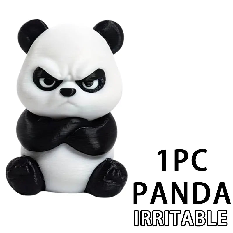 A white and black panda figurine with an angry expression, designed as a dashboard or desk decor.