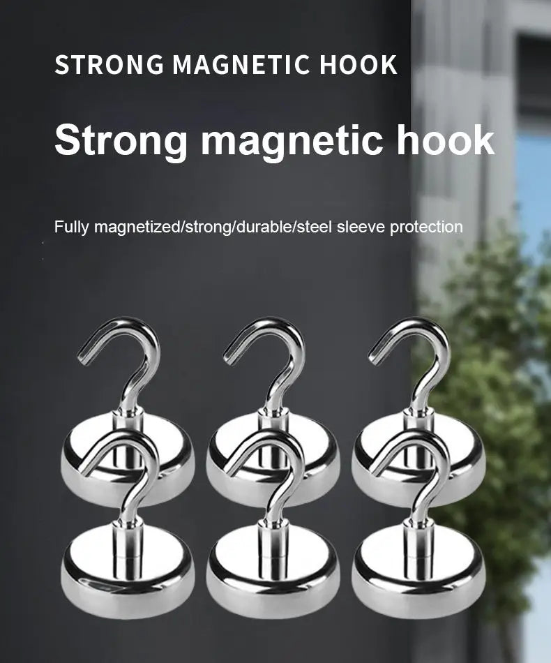 Three shiny silver magnetic hooks shown against a dark background.