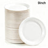 A stack of white disposable paper plates is shown next to a single plate, with a 9-inch size indicator.