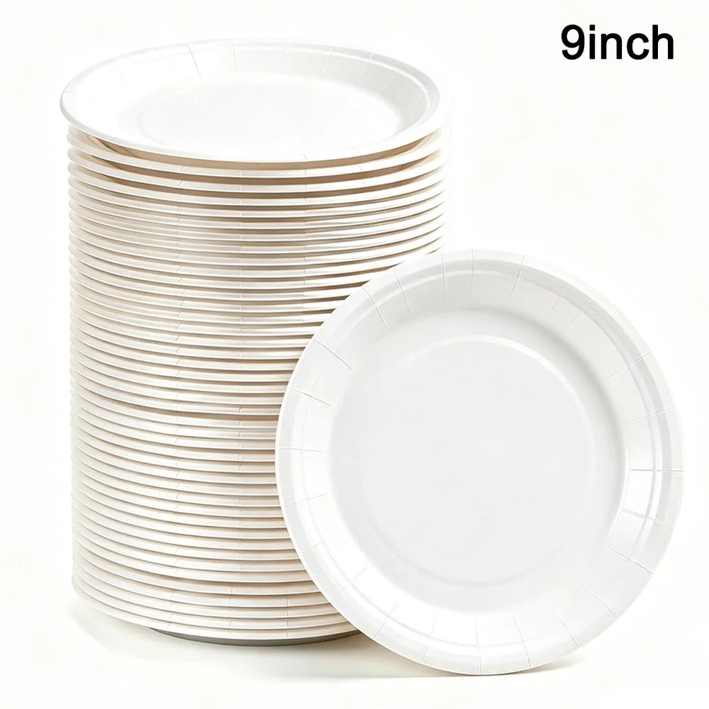 A stack of white disposable paper plates is shown next to a single plate, with a 9-inch size indicator.