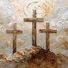 Impression d'art sur toile texturée avec trois croix en bois sur fond clair et tacheté.