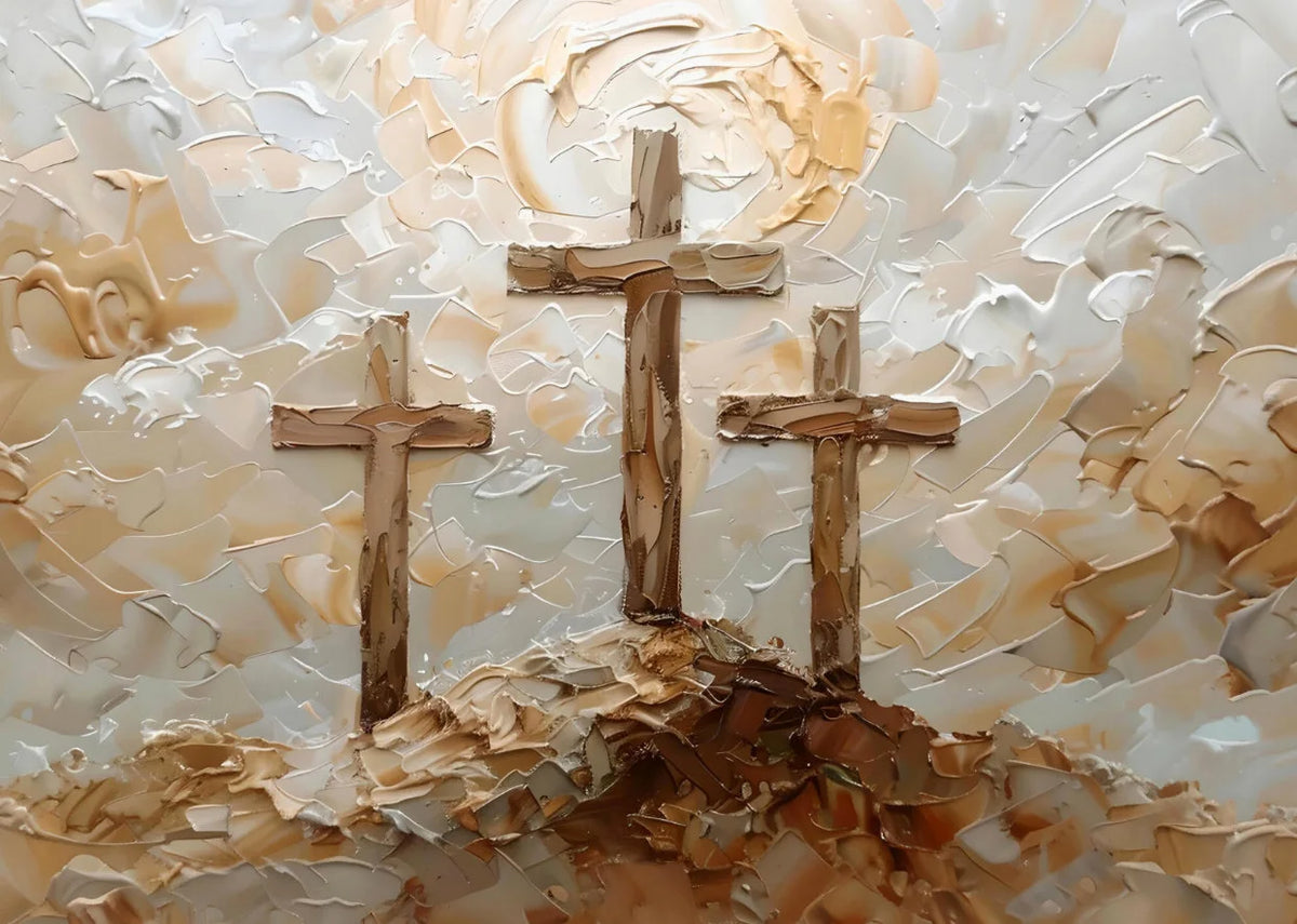Impression d'art sur toile texturée avec trois croix en bois sur fond clair et tacheté.