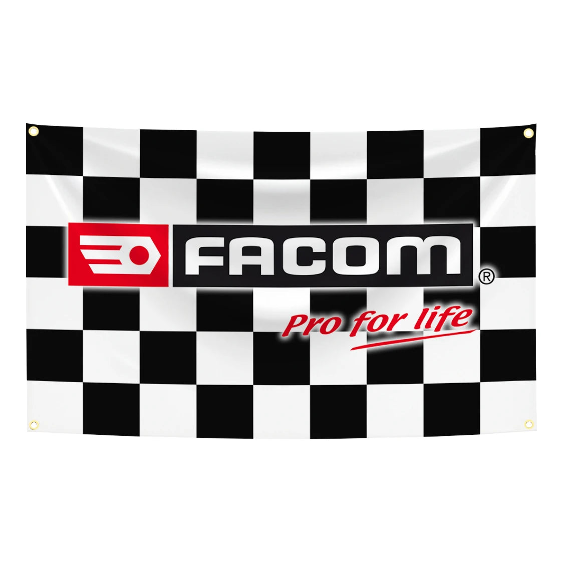 A black and white checkered flag banner featuring the FACOM logo and text Pro for life.
