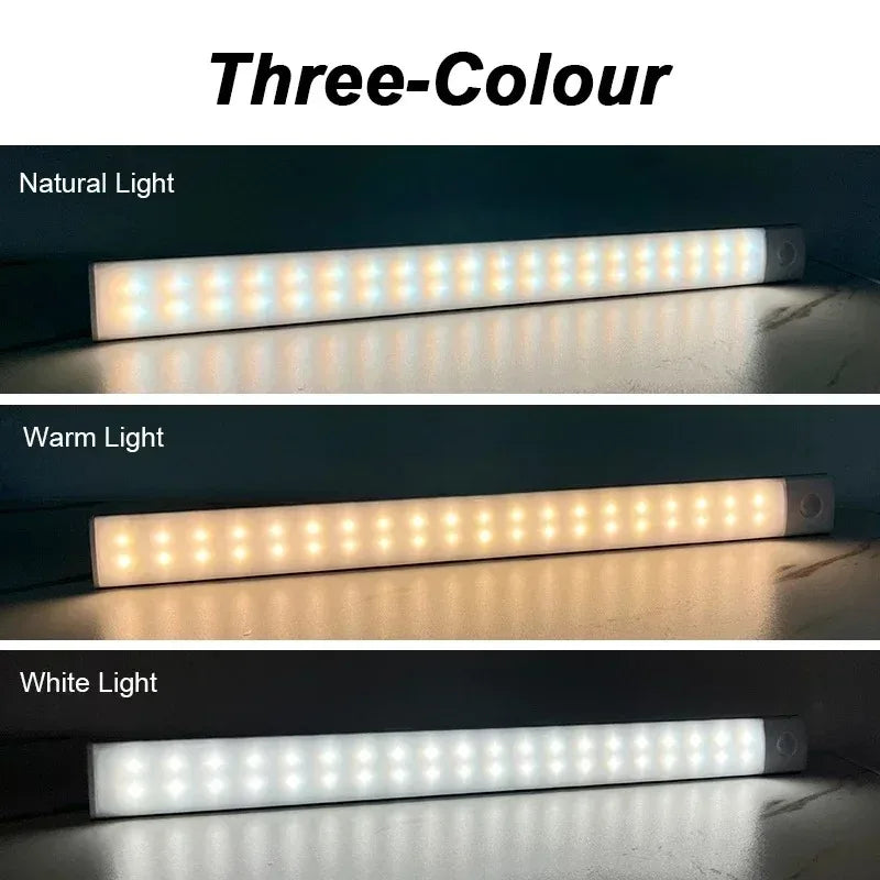 Three versions of a rechargeable motion sensor under-cabinet light shown in natural, warm, and white light settings.