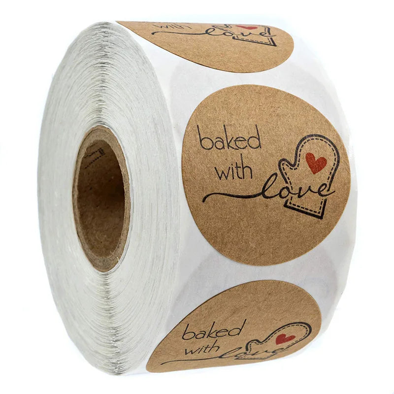 Roll of kraft paper thank you stickers with baked with love designs