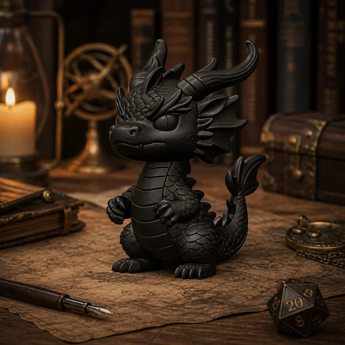 Figurine sombre de dragon avec cornes assis sur du parchemin vieilli, à côté de livres et d'une boussole.