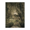 A dark, moody painting depicting a dense forest and a small stone structure near a stream.