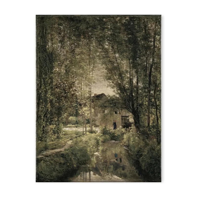 A dark, moody painting depicting a dense forest and a small stone structure near a stream.