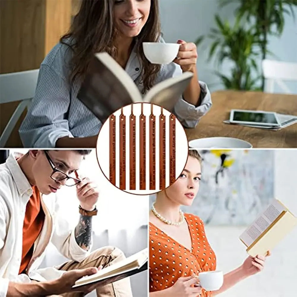 A collection of premium leather bible bookmarks shown in various contexts, including being used with a book and cup.