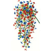 A bouquet of artificial hanging morning glory flowers in vibrant blue and red colors.