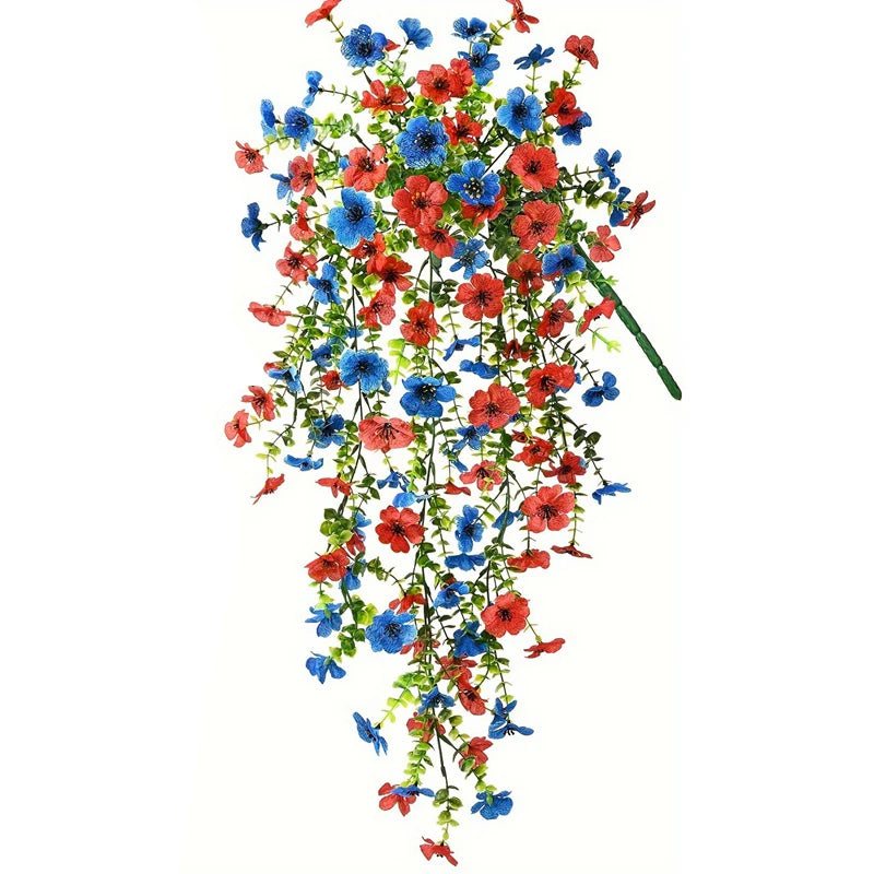 A bouquet of artificial hanging morning glory flowers in vibrant blue and red colors.