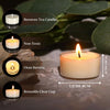 A white beeswax tea candle in a clear reusable cup is shown lit on a textured surface with green leaves in the background.
