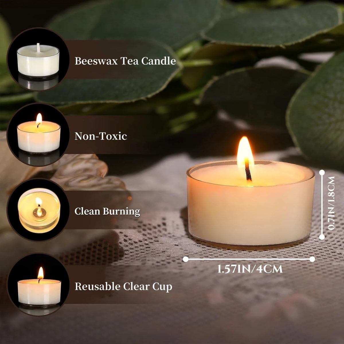 A white beeswax tea candle in a clear reusable cup is shown lit on a textured surface with green leaves in the background.
