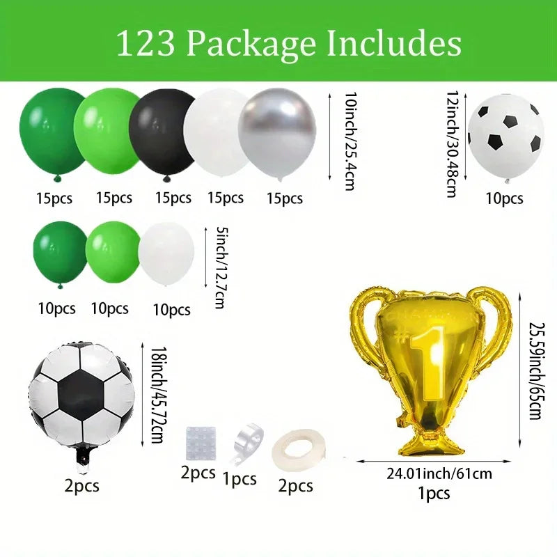 A collection of balloons, including soccer balls, various colored spheres, and a gold trophy, packaged for a party.