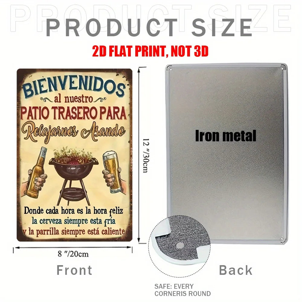 A rectangular iron metal sign with a vintage Spanish text and illustration, showing the front and back views.