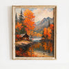 An oil painting of an autumn landscape featuring vibrant orange and red foliage reflecting in calm water with mountains in th
