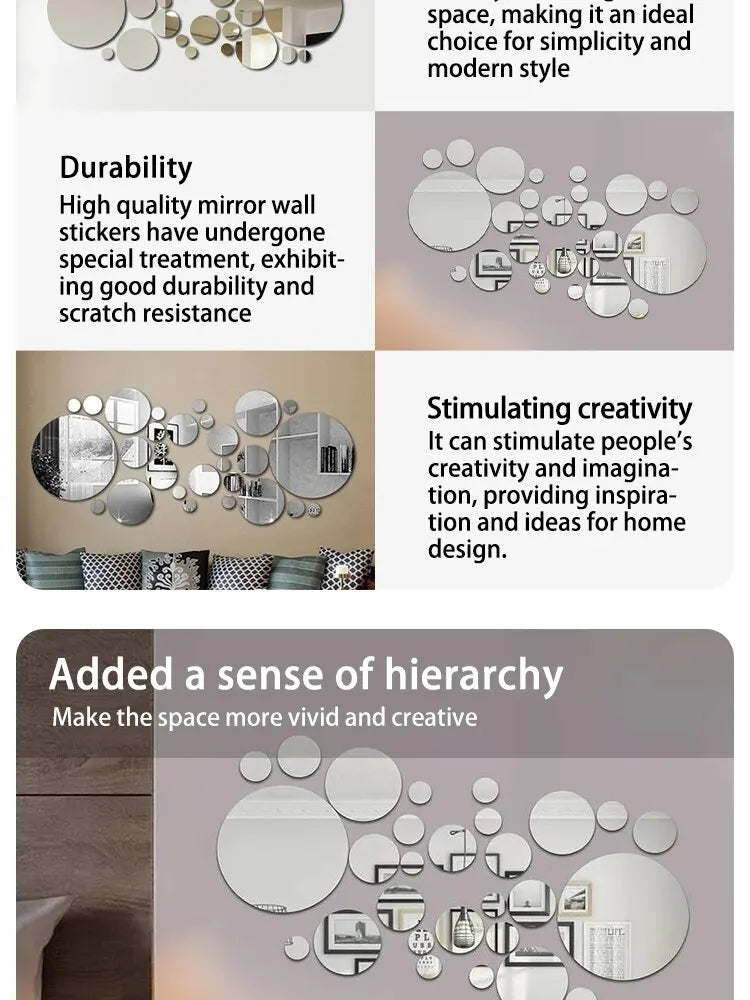 A set of round 3D acrylic mirror wall decor pieces displayed in various arrangements.