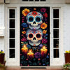 A door cover featuring a vibrant sugar skull design with colorful flowers and foliage.