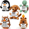 A collection of handcrafted crochet dog dolls for gifts, featuring a mom penguin, dad, and mom bear.