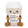 Handmade crochet donkey figurine with an inspirational card featuring the text Words cannot espresso how much you mean to me