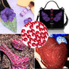 A collection of hotfix glass rhinestones in crystal and crystal AB mixed sizes, including purple, green, red, and blue accent