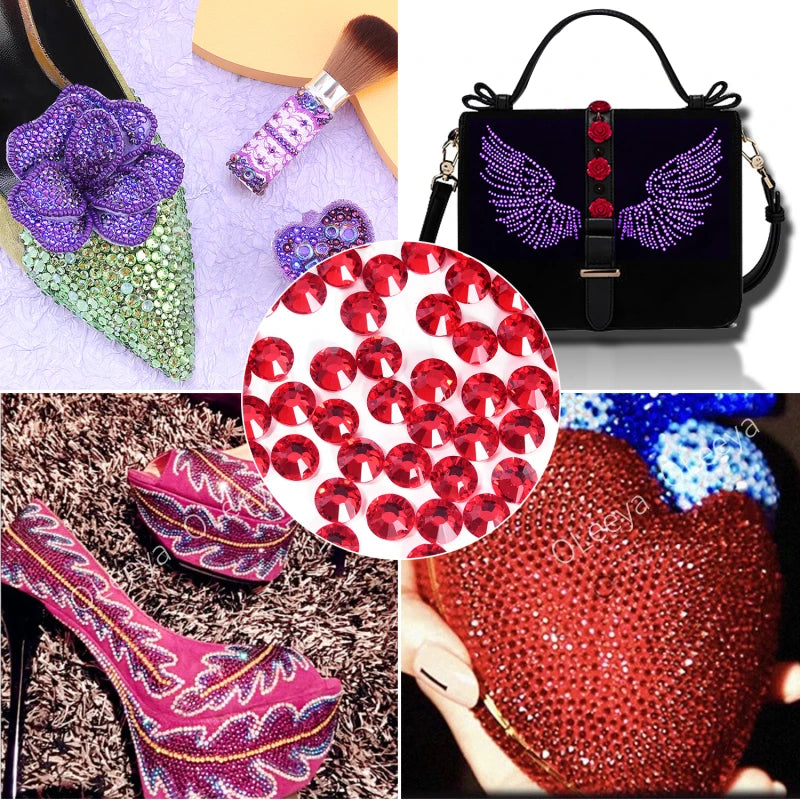 A collection of hotfix glass rhinestones in crystal and crystal AB mixed sizes, including purple, green, red, and blue accent