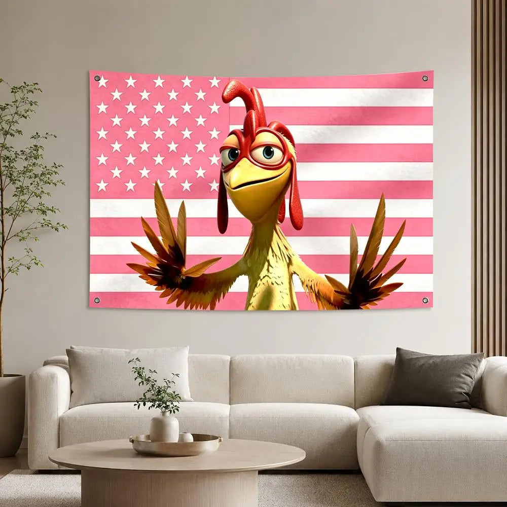 A vibrant movie-inspired tapestry featuring Stitch from Lilo & Stitch against a pink and white striped background.