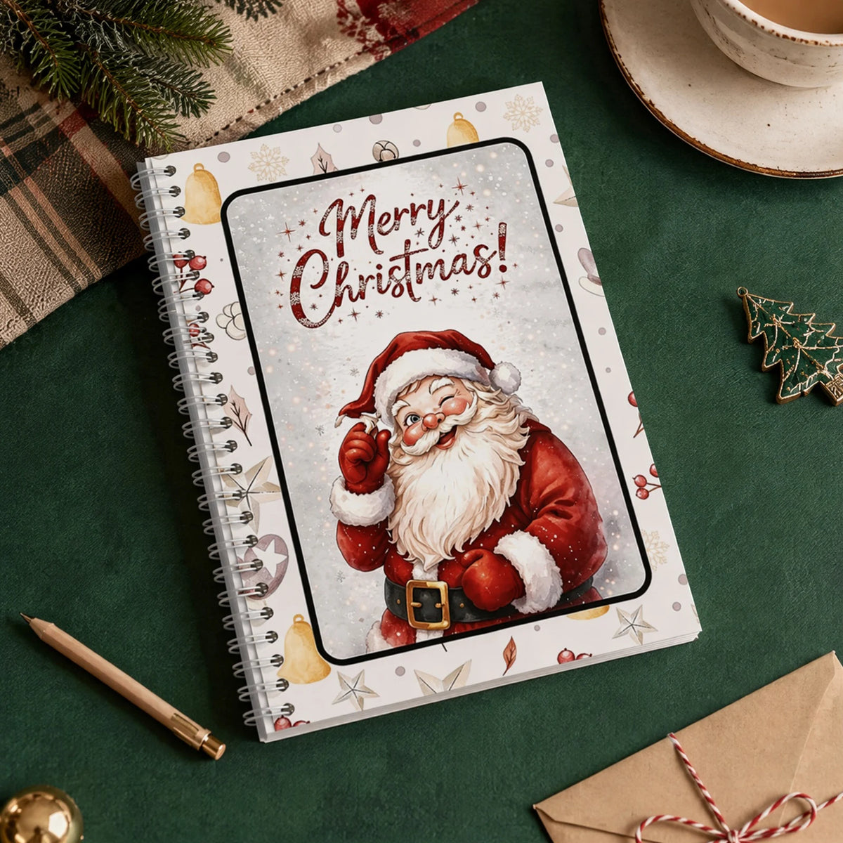 A festive notebook featuring a Santa Claus illustration wishing Merry Christmas on a holiday theme.
