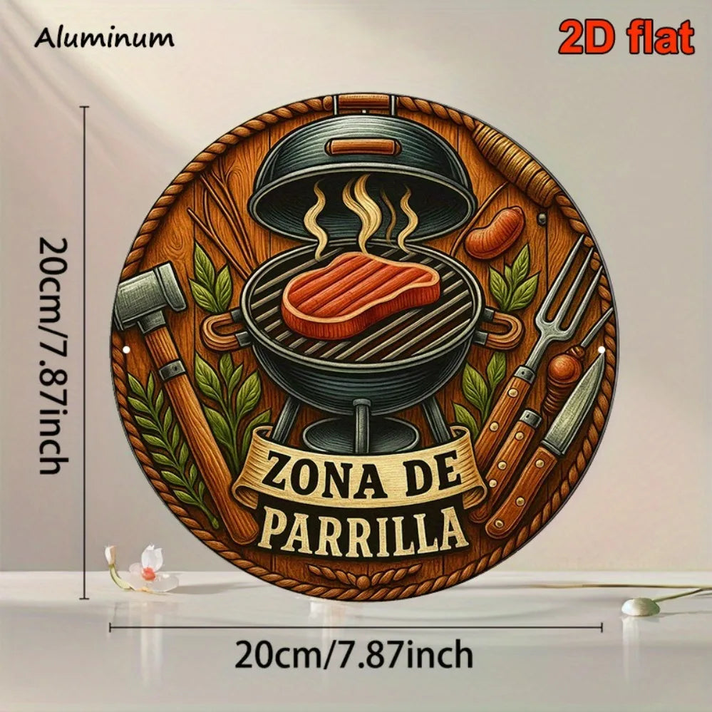 A round aluminum plaque featuring a vintage BBQ grill design with tools and meat on a wooden background.