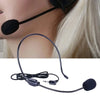 A black wired headset microphone with a flexible cable and an attached foam windscreen is shown against a light background.