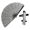 Silver glitter holographic hand fan with a black handle and pleated fan blades