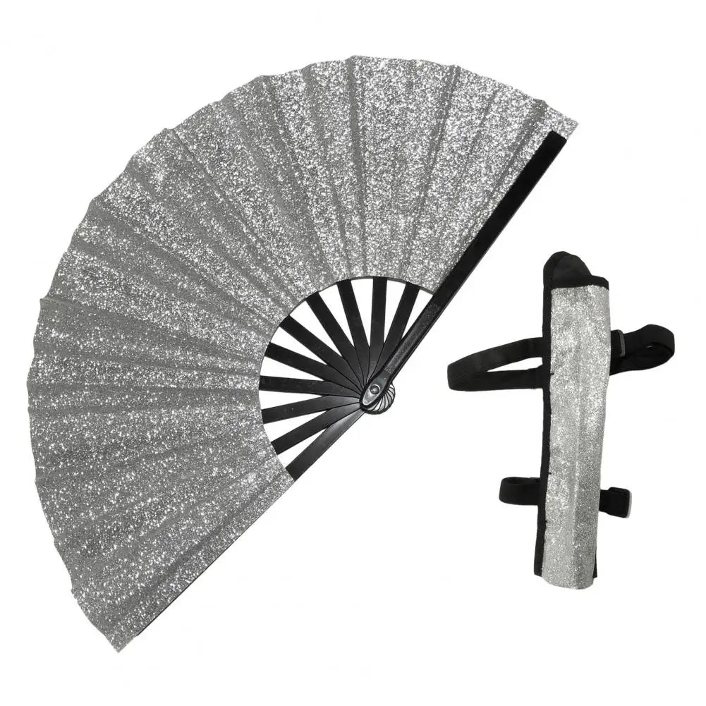 Silver glitter holographic hand fan with a black handle and pleated fan blades