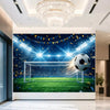 A football-themed backdrop featuring a soccer goal, a ball, and festive decorations like pennants and sparkling lights.