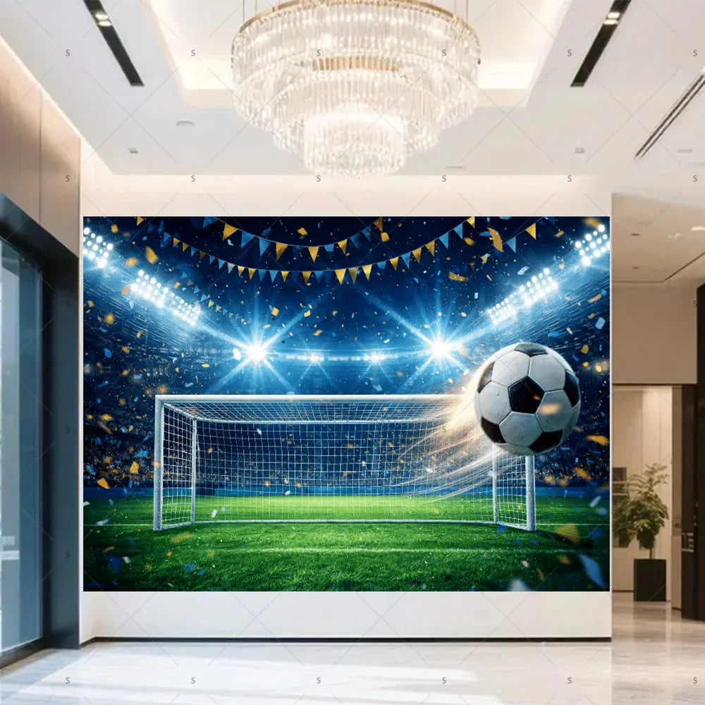 A football-themed backdrop featuring a soccer goal, a ball, and festive decorations like pennants and sparkling lights.