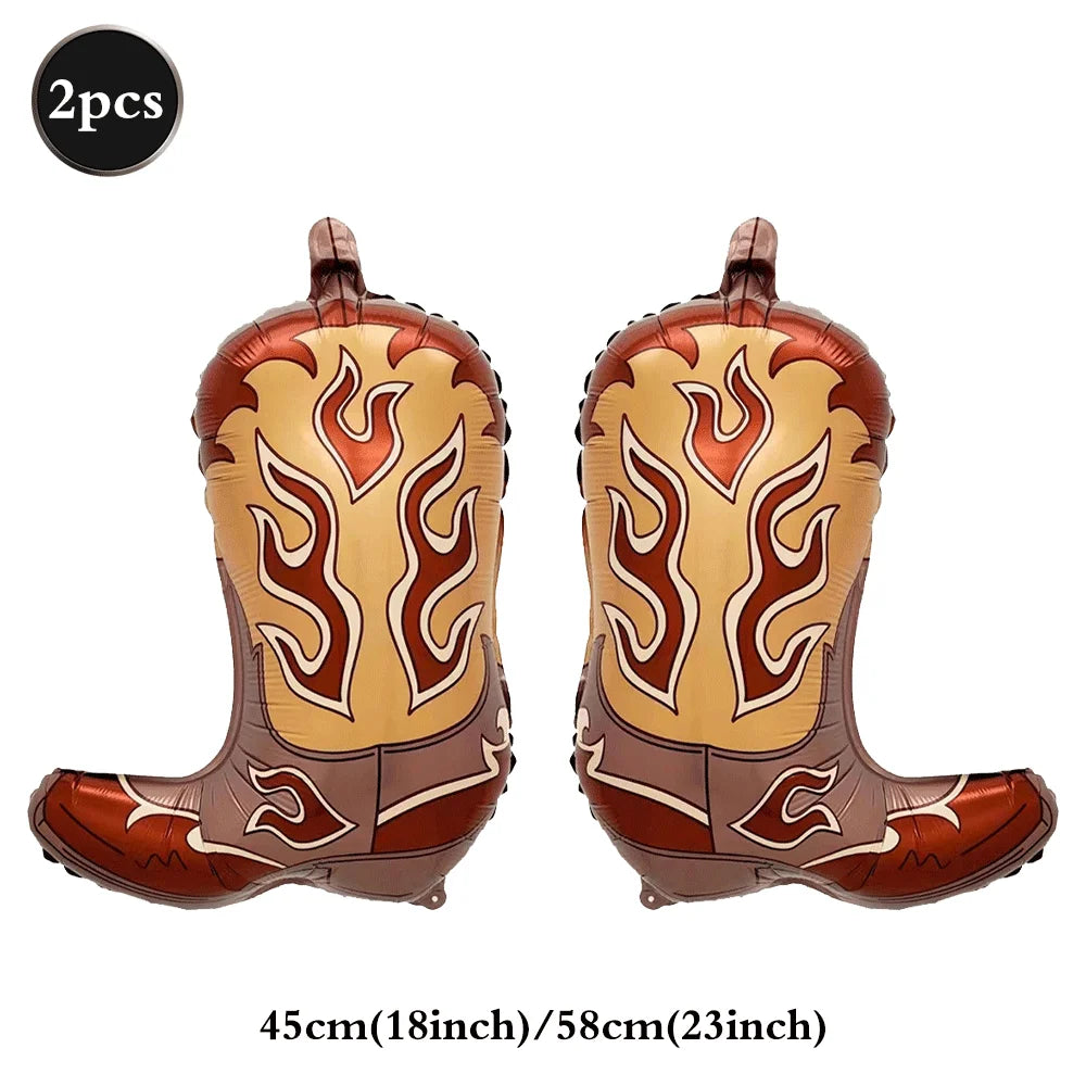 A pair of western theme foil horse number balloons in brown and gold colors.