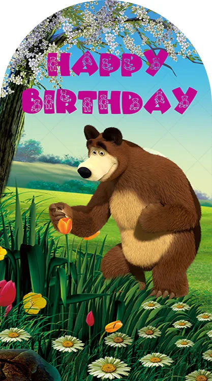 A colorful illustration of a happy birthday banner featuring a bear and flowers against a blue sky background.