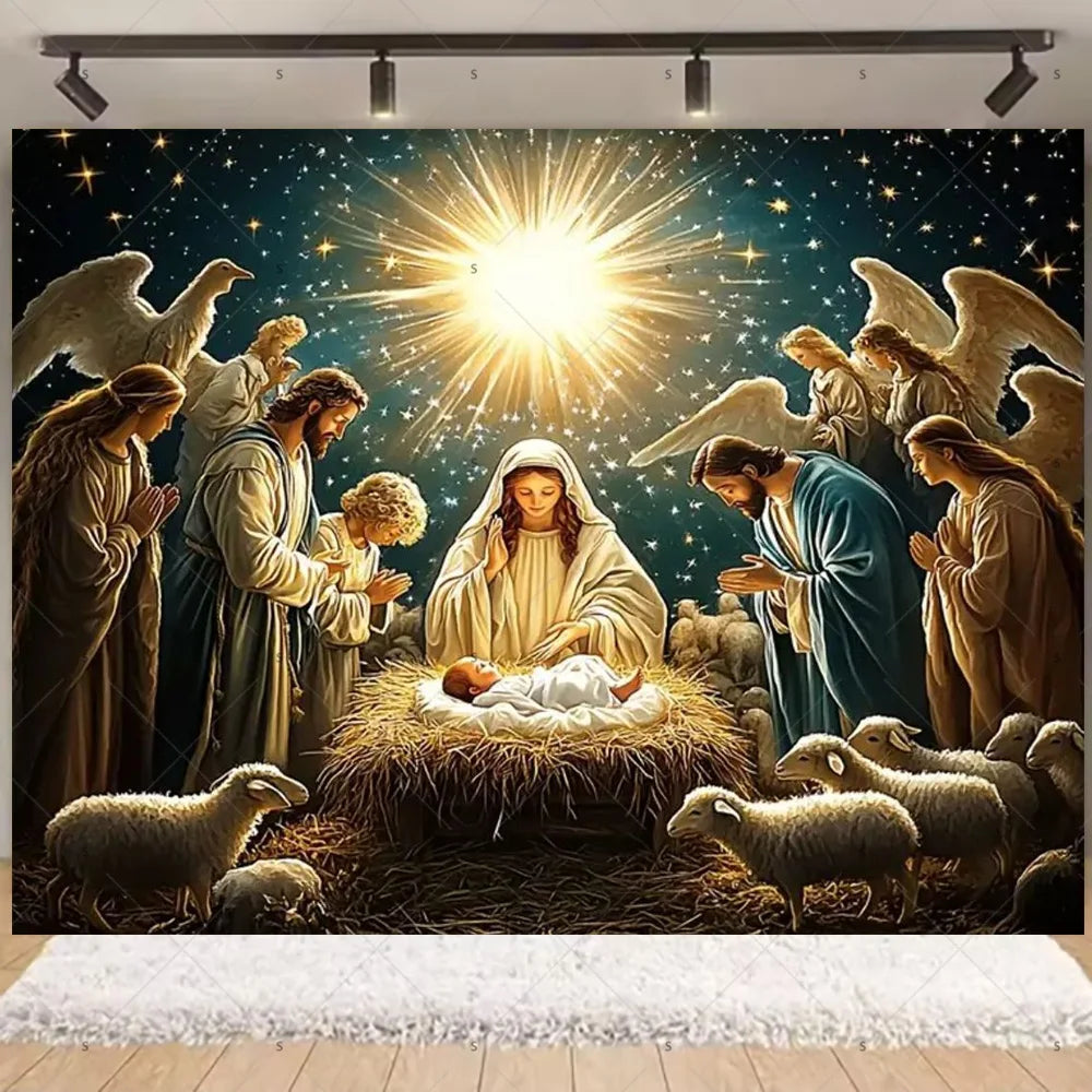 Starry Night Nativity Scene Backdrop for Christmas Celebrations
