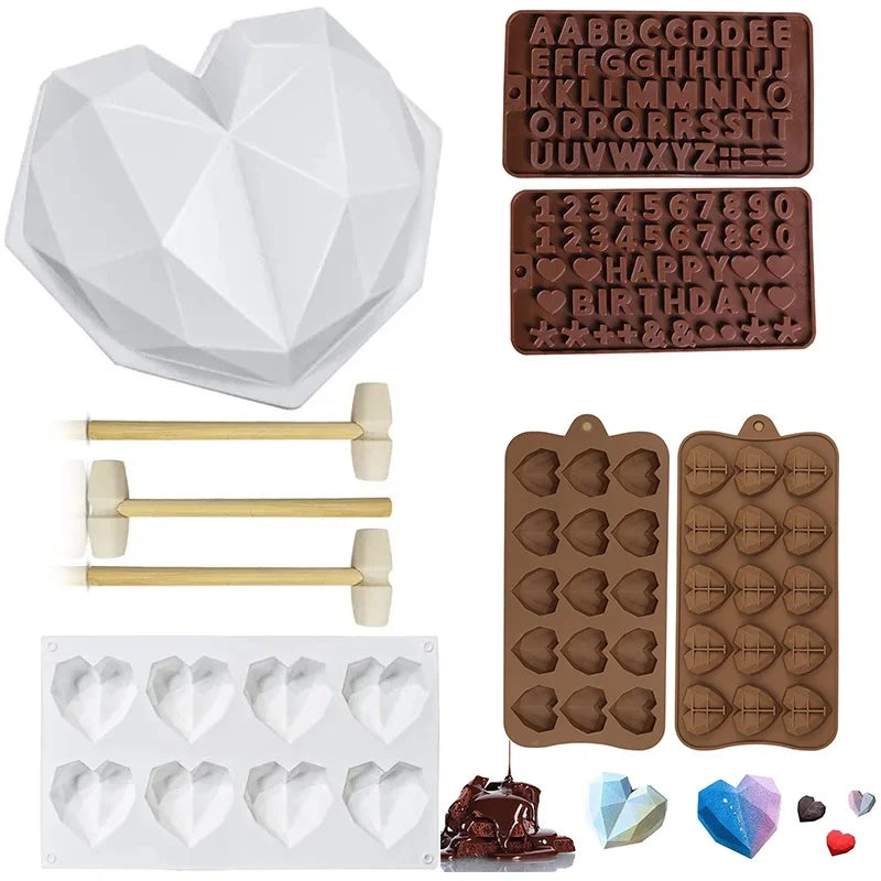 A set of heart-shaped silicone chocolate molds featuring letters, numbers, and decorative shapes.