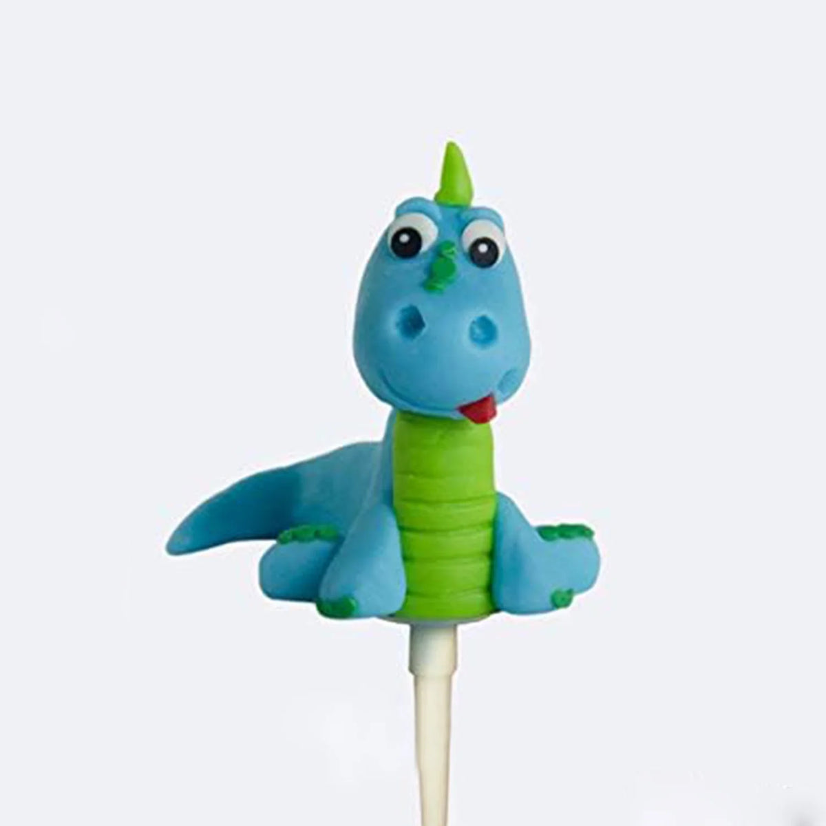 Kit de decoración de dinosaurio de plástico con cuerpo azul y detalles verdes en un palo blanco.
