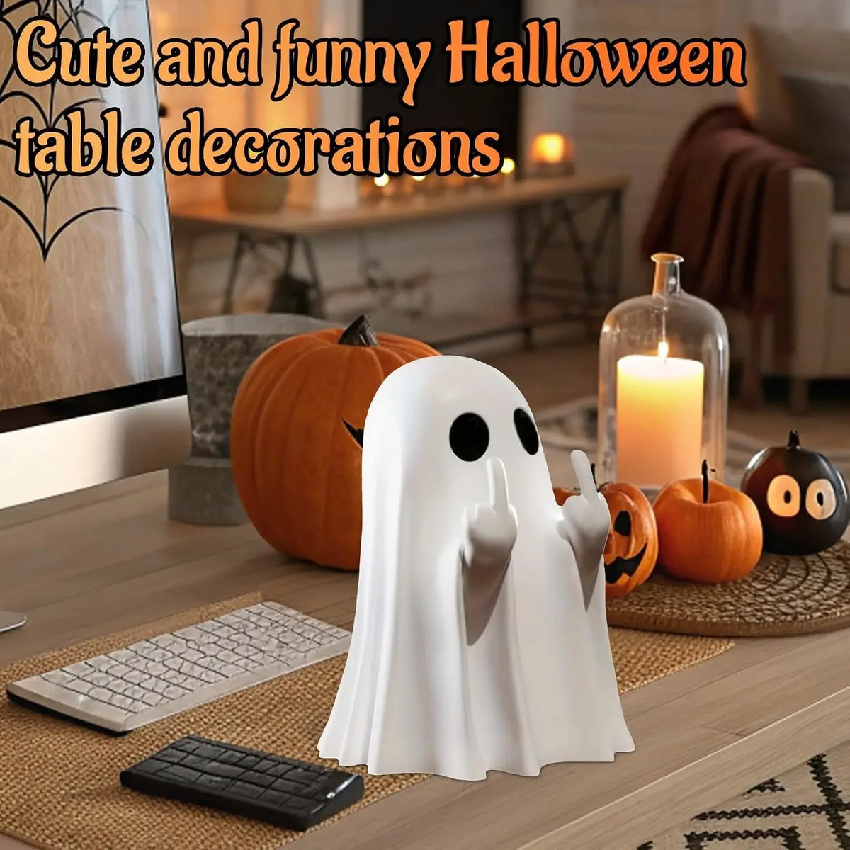 A white ghost figurine with a sassy hand gesture decor is displayed on a wooden desk surrounded by pumpkins and Halloween dec