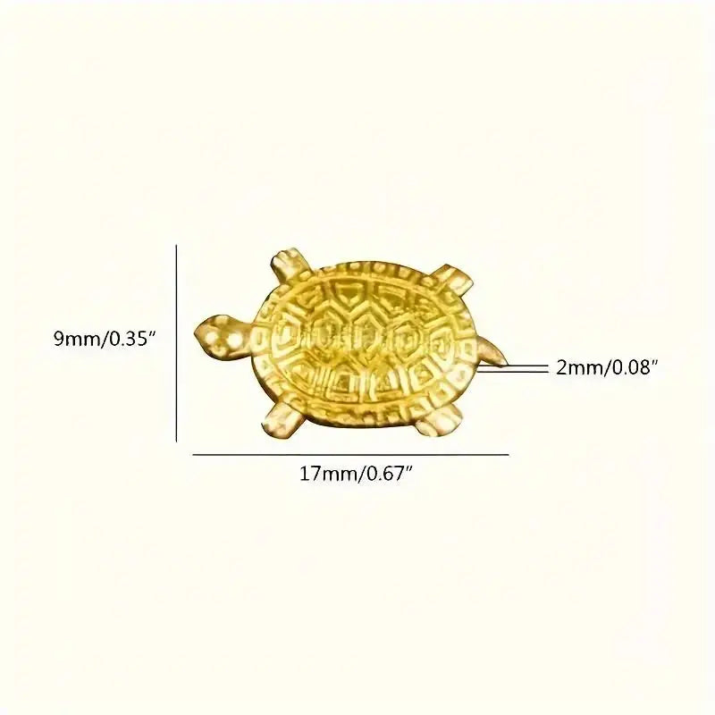 Runde, goldene Geld-Schildkrötenfigur mit strukturierter Oberfläche und Maßenangaben.
