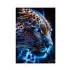 A close-up portrait of a leopard's head with blue and gold abstract light patterns against a dark background.