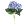 A bouquet of artificial blue hydrangea flowers with green leaves on a stem.